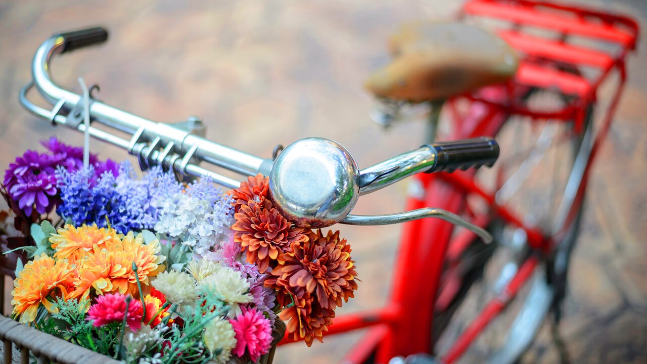 Offre mensuelle Andermatt Biogarten pour les abonnés. Bicyclette décorée de fleurs colorées.
