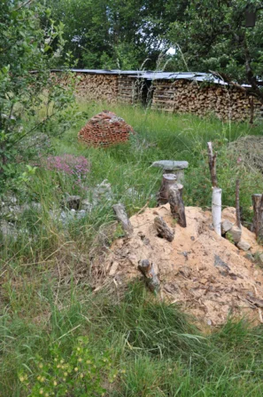 Ziegelturm und Totholz bieten Wildbienen, Schlupfwespen, Laufkäfern und Spinnen Nistplätze und Verstecke, im Hintergrund stehen Wildrosen | © Andermatt Biogarten AG