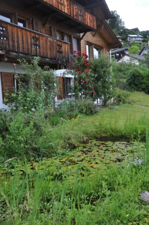 L'étang du jardin, situé devant la maison, sert de biotope humide et de point d'eau pour les oiseaux, les amphibiens et les insectes – l'un des nombreux critères remplis pour le prix Biodiversité. | © Andermatt Biogarten AG